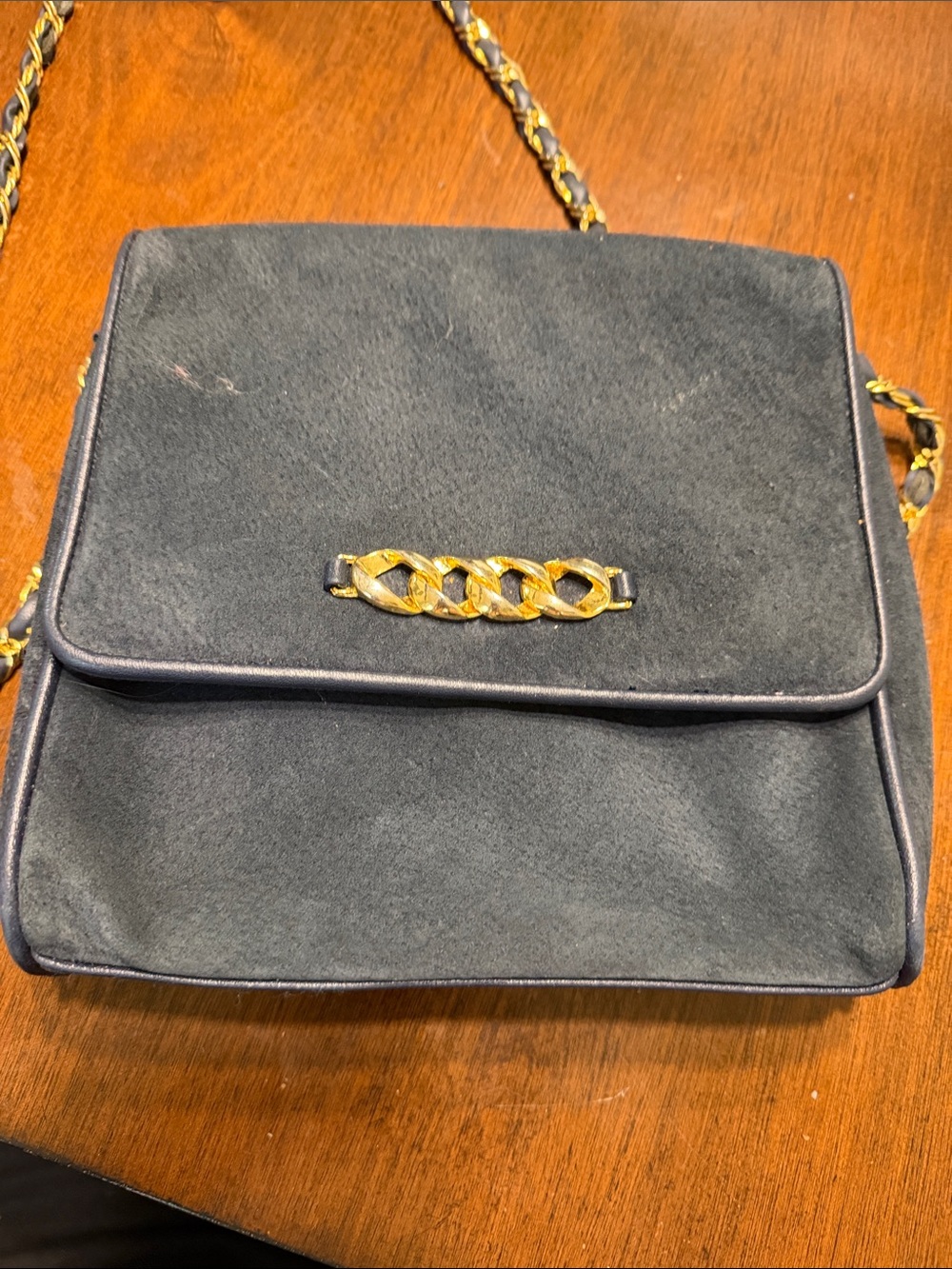 Amanda Smith Blue Suede Crossbody with Gold Chain Accent